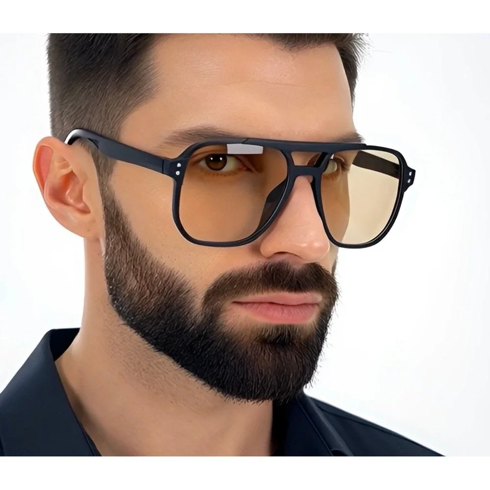 Mens Black Square‎ Aviator Sunglasses Champagne Tinted Lens Double Bridge UV400